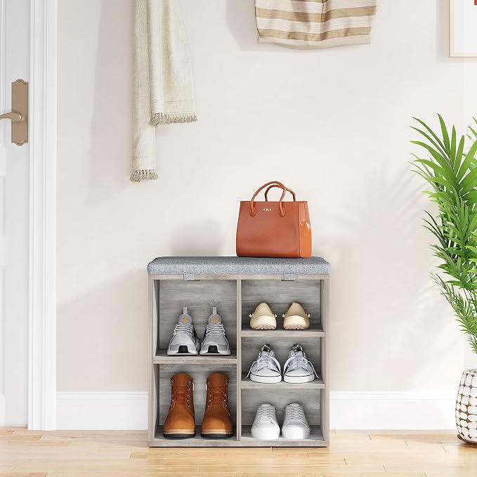 coucheta Shoe Storage Bench with Cushion, Cubby Seat Shoe Cabinet, Small Shoe Rack Bench with 3-Tier Adjustable Shelf for Entryway, Bedroom, Living Room, Hallway, Closet and Garage (Grey, 20 Inches)
