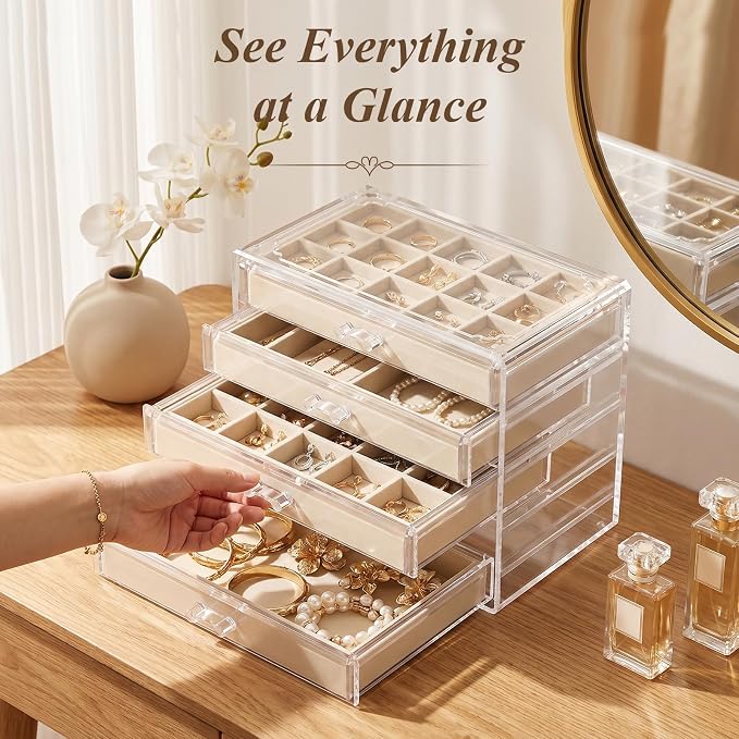 Clear Jewelry Box with 4 Drawers, Acrylic Jewelry Organizers and Storage with Velvet Trays, Earring Holder Organizer for Women and Girls, Warm White