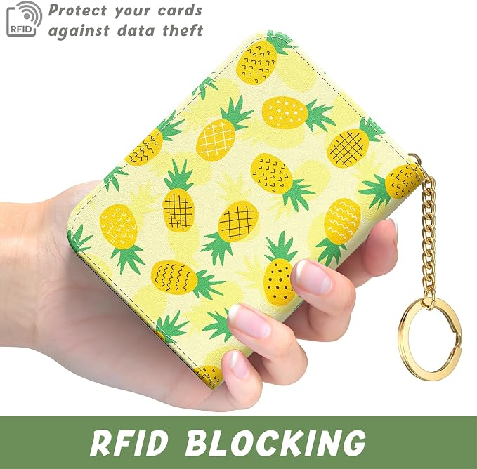 Aiawoxc Credit Card Holder, Small RFID Wallet Slim Leather Card Organizer Case with Zipper and Keychain, Pineapples