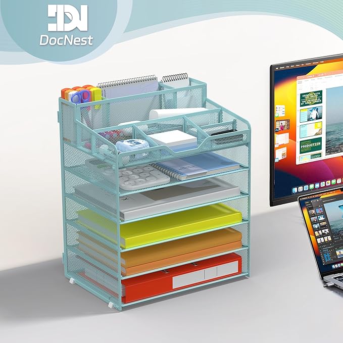 Docnest 6 Tier Mesh Desk Organizer for Paper Office Supplies – Multi-Functional Letter Tray with 5 Adjustable Compartments, 7 Pen Holders, Desktop Storage for Files, Mail, Stationery – Blue