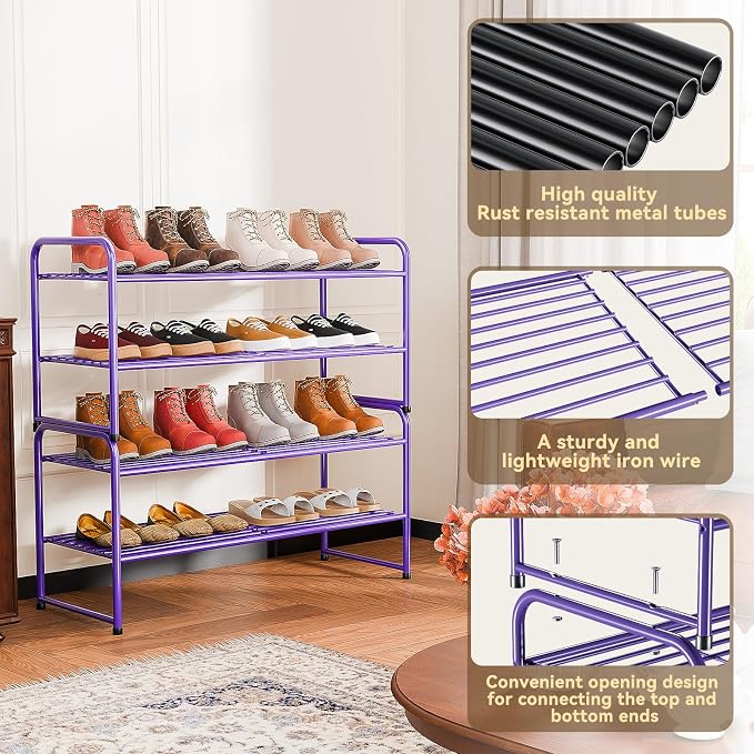 2 Pack Shoe Rack, 2-Tier Metal Stackable Shoe Shelf Storage Organizer, Heavy Duty Wire Shoe Stand for Entryway, Closet, Hallway, Holds 50 LBS, Purple