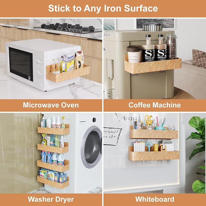Mystozer Magnetic Spice Rack for Refrigerator, Kitchen Organizer and Storage Shelf, Woodgrain (4 Pack)…