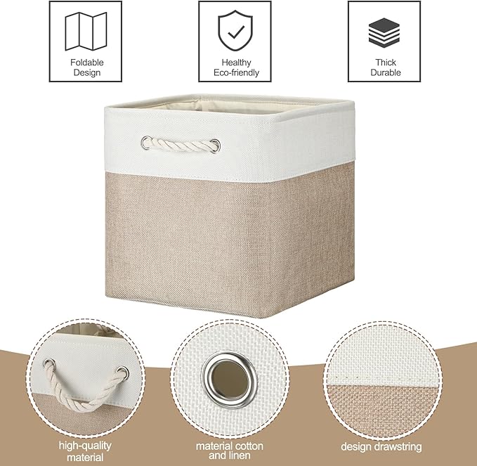 meekoo 8 Pack Collapsible Storage Bins Fabric Storage Bins Polyester Fabric Baskets with Handles Linen Closet Organizer for Shelf Home Closet Towels Toys(11 x 11 x 11 in,Beige)
