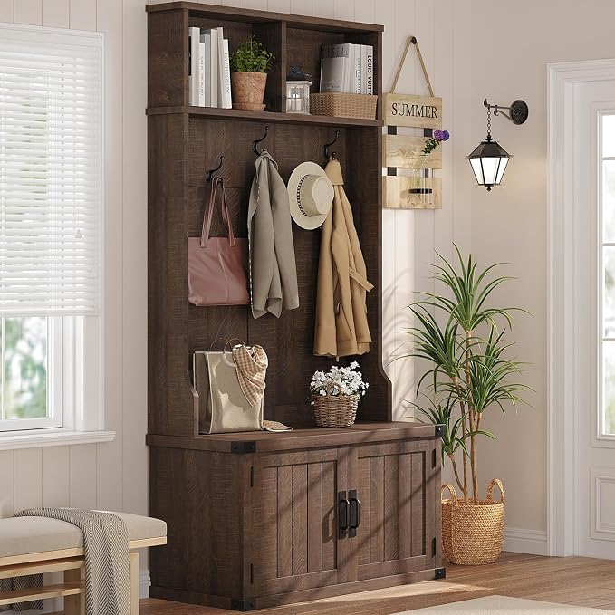 Garvee 77" H Farmhouse Hall Tree with Bench & Shoe Storage, Coat Rack | Mudroom Storage with 5 Tri-Hooks, Enclosed Cabinet, Adjustable Shelf, 2 Top Cubbies, for Entryway, Space Saving, Rustic Brown