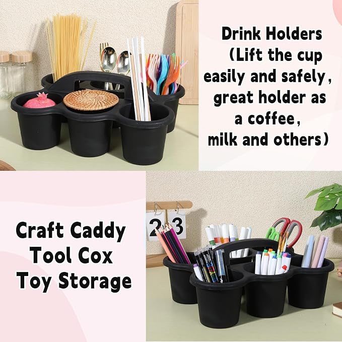 6 Pack Classroom Caddy with Handle Plastic Storage Caddy Organizer with 6 Compartments Drink Cup Caddies Holder Portable Storage Bin for Pencil, Crayon, Marker, Home, Office, School Supplies(Black)