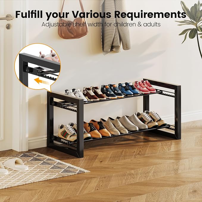 Homeiju Expandable Shoe Rack, 2 Tier Metal Shoe Shelf, Adjustable Shoe Stand for Sneakers, Boots, Heels, Heavy-Duty Steel Standing Shoe Organizer for Entryway, Closet, Bedroom, Black
