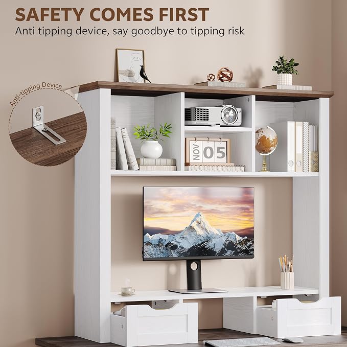 Desk Shelf with Computer Monitor Stand, 37.4''W Desktop Bookshelf Display Rack, Desktop Organizer Storage Rack with Cubbies & Drawers, 5-Tier Hutch for Home, Office, Dorm, Vanity, White&Brown