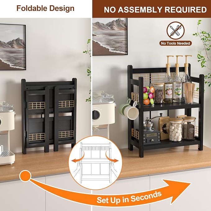 No-Assembly Coffee Bar Organizer, 2-Tier Coffee Station Shelf | Foldable Oak Wood Shelf, Coffee Station Accessories Storage for Syrup & Pods, 3 Hooks for Mugs, Kitchen Spice Rack, Black