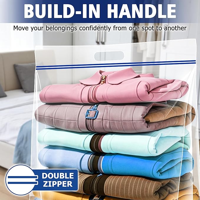 Jumbo Heavy Duty Plastic Storage Extra Large Bags, 25 Gallon 3.5 Mil Thick Clear Zipper Bags with Handles for Home, Travel and Moving 35" x 24", 10 packs