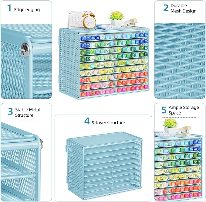 Marbrasse Mesh Marker Organizer, 9-Tier Rack Holds 126 Markers, Blue | Marker Holder, Space-saving Vertical Design, Desktop Storage for Office Classroom & Home Art Supplies