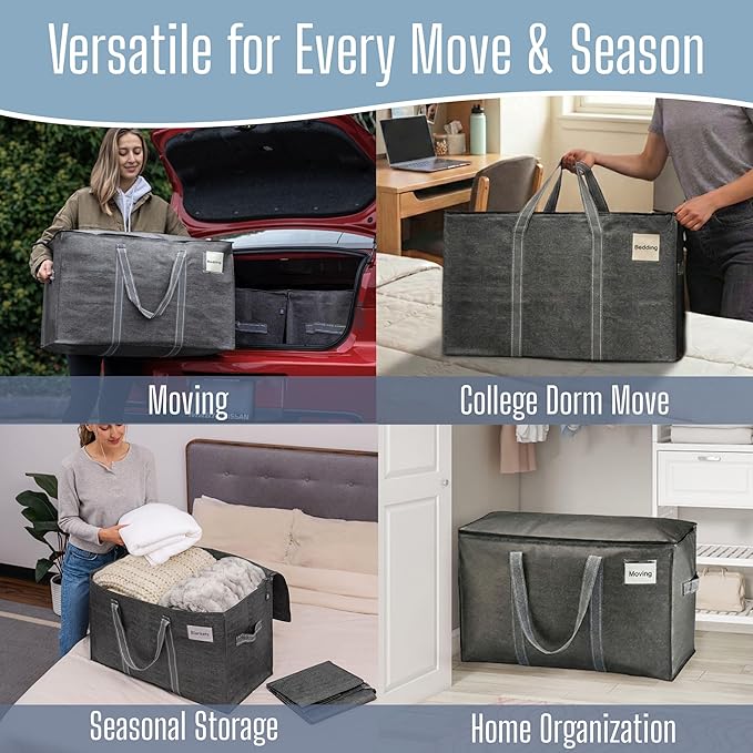 VENO 2 Pack Heavy Duty Moving Bags, Extra Large Storage Bags with Reinforced Handles & Strong Zippers, Foldable & Reusable Moving Box Alternative for Clothes & Dorm Storage