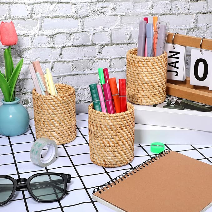 3 Pcs Rattan Pencil Holder, Handmade Pen Cup Durable Cylinder Makeup Brush Holder Multi-Functional Woven Vine Desk Organizer for Office, Home, Kitchen, Desktop