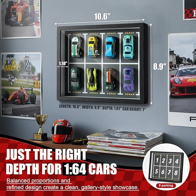 JupDec Magnetic 1:64 Diecast Display Frame, Clear Acrylic Model Car Shadow Box with Parking Layout Mat for Matchbox Hot Wheel, Dustproof Wall Mount or Tabletop Display Box, Ideal Gift for Collectors