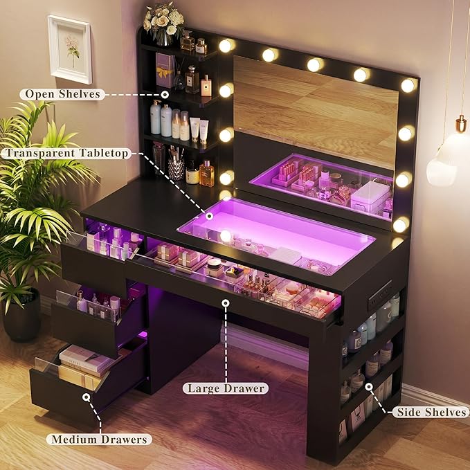 HUAHUU Vanity Desk with Lighted Mirror & Transparent Top, Makeup Vanity Desk with 4 Transparent Drawers and RGB Lighting, Built-in Power Outlet, 3-Tier Side Shelves & Storage Organizer for Bedroom