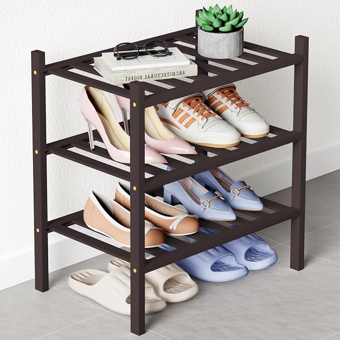 Smiry Bamboo Shoe Rack for Closet, 3 Tier Small Wooden Shoe Organizer, Stackable Wood Shoe Storage Shelf for Entryway, 14 Vertical Slats, One-piece Heavy-Duty Legs, 17.32"x11.02"x18.31", Brown
