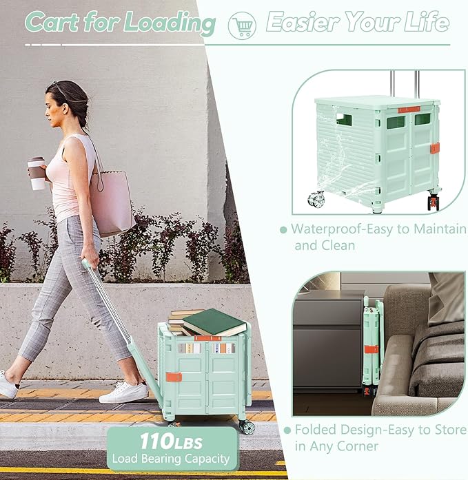 FELICON SELORSS Folding Utility Cart Rolling Crate Tote Basket Box Storage Handcart on 4 Swivel Wheels with Adjustable Handle Extended Magnetic Lid for Teacher Move Shop Travel Grocery Office(Green)