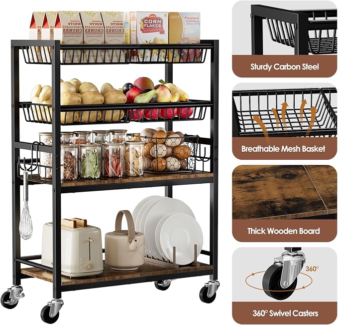Fruit Vegetable Storage Cart, 4 Detachable Basket | 4-Tier Kitchen Rolling Storage Cart, Fruit & Vegetables Stand, Snack Organizer for Kitchen, Bathroom, Living Room