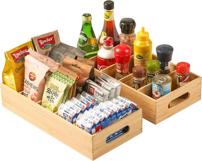 Umilife Large Bamboo Pantry Organizers and Storage Bins with Removable Dividers, Kitchen Drawer Cabinet Countertop Organization for Snack, Spice Packets, Teabags, Seasoning Pouches (2 Pack)