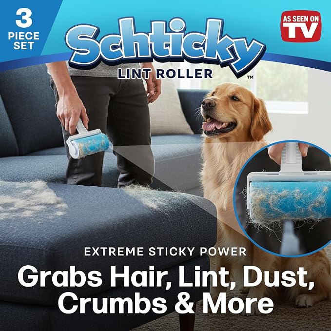 Schticky Lint Roller Set - Reusable & Washable Lint Roller Cleaner for Clothes Sofa Furniture Car Cat Dog Hair - Clean in a Quicky with Schticky (3 Piece Set)