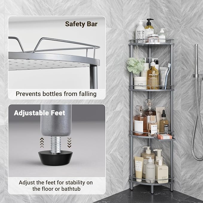 ELYKEN Corner Shower Caddy Standing, 4 Tier Rustproof Metal Shower Organizer with Soap Holder, Floor Shower Corner Shelf Rack Storage Stands with Adjustable Feet & 2 Hooks for Bathroom, Silver