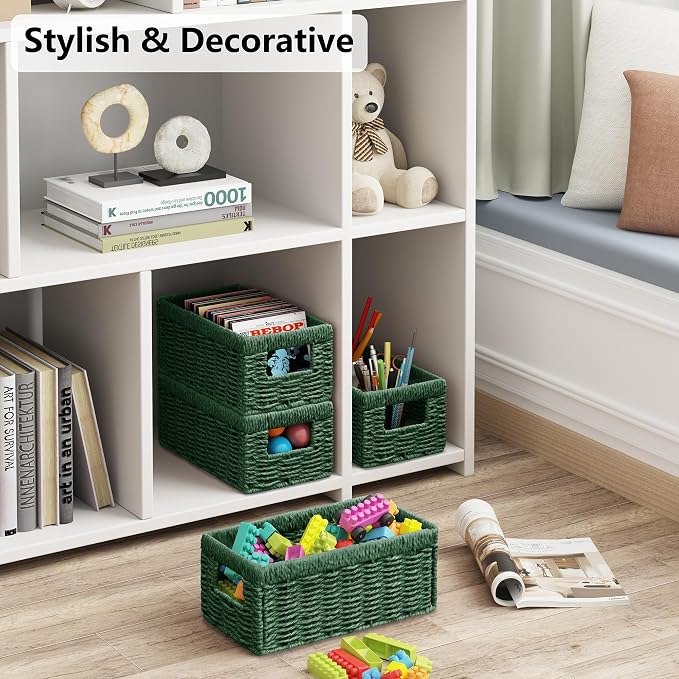 Vagusicc Wicker Storage Basket, Set of 2 Hand Woven Wicker Baskets for Organizing with Handles, Decorative Small Storage Bins for Countertop Toilet Paper Basket for Toilet Tank Top Shelves, Green