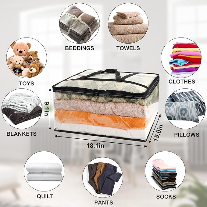 6Pack Clear Blanket Storage Bags, Vinyl Comforter Clothes Storage Closet Organizers and Storage Containers Moving Bags with Reinforced Handle for Bedding, Clothing, Comforters, Pillows, Toys,40L