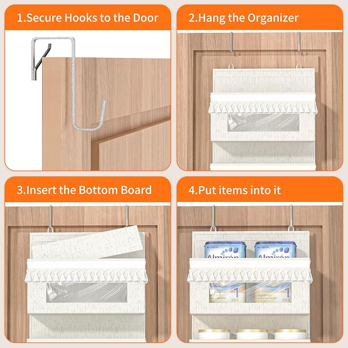 Aokeyee 4 Tier Over Door Organizer Nursery with Tassels and Clear Window | 55lb Boho Door Organizer Hanging, Behind the Door Storage for Bedroom Bathroom