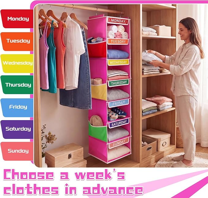 Amylove 2 Pcs 7 Shelf Weekly Clothes Organizer for Kids Hanging Closet Organizer 11. 8 x 11. 8 x 50 Inch Daily Activity Kids Clothes Storage Drawers Cube Drawers Closet Hanging Shelves(Rose Pink)