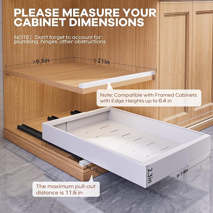 Seinloes 2 Pack Expandable (9"-14") Pull Out Cabinet Organizer 21" Deep With Raising Pad for Framed Cabinets,Upgrade 3 Slide Rails Slide Out Drawers,No Drill Roll Out Shelves Adhesive,White