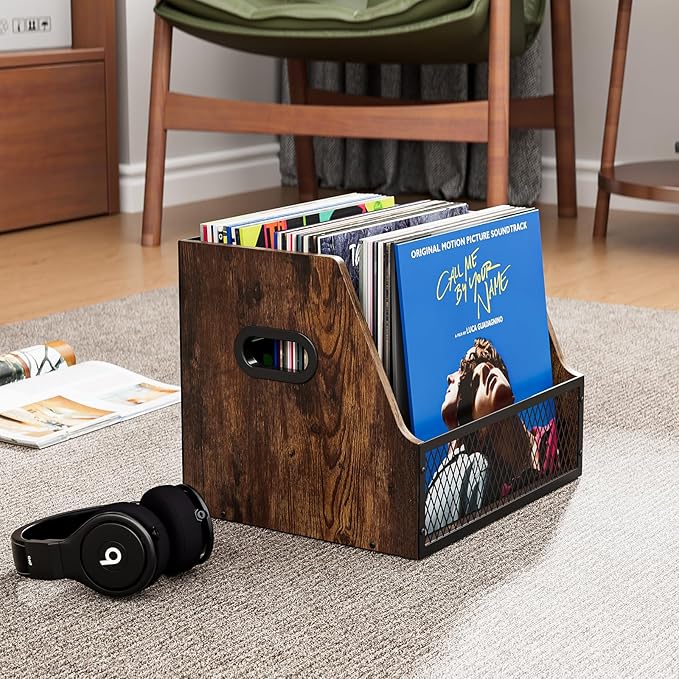 Vinyl Record Storage,Wooden Crate ‌Vinyl Holder with Dividers for Albums & Magazine Rack Organizer for 60+ Records Case Box for 7/10/12 inch