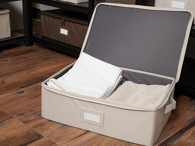 Covermates Keepsakes Zip-Top Storage Box Set, 3 Pack Heavy Duty Polyester Organizer Bins, Stackable Design, ID Window, Reinforced Handles, Closet Home Storage, Beige Heather