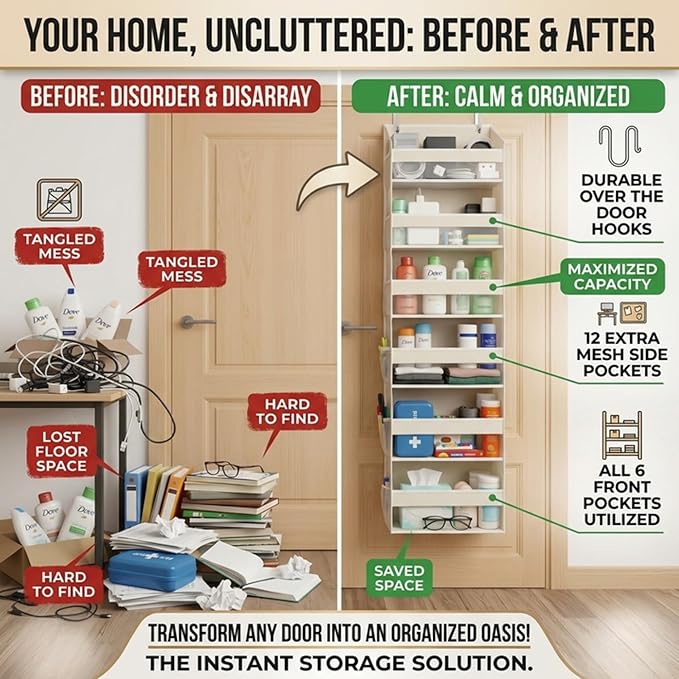 HOMELUX THEORY UPGRADED 6 Tiers Over The Door Organizer Hanging - 100D EXTRA THICK & 50lbs HUGE CAPACITY, 12 Side Mesh Pockets Over The Door Shoe Organizer, Hanging Closet Organizer (Ivory, 1pc)