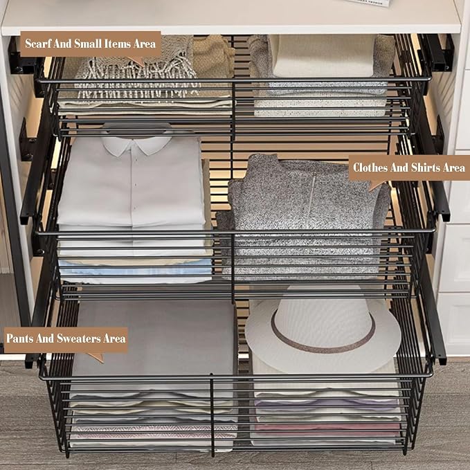 Pull-out Clothes Storage Basket,Stackable Storage Bins with Slide Rails,Stackable Shelf Baskets Organizer,for Wardrobe and Closet Drawer in Bedroom Office(32.28-34.25in)
