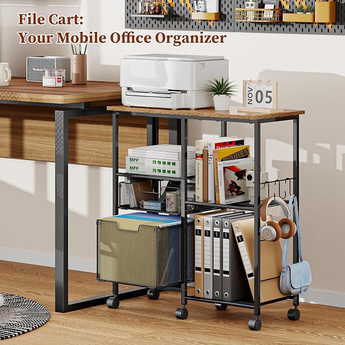Tiaoheka Rolling File Cart with Wheels,Lateral File Cabinet with 2pcs Drawers,Rolling Printer Stand Cart with Open Storage Shelf,Hanging Filing Cabinet Organizer Cart Fits Letter Size for Home Office
