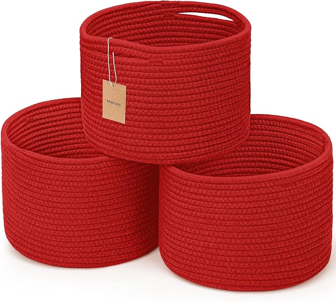Small Rope Baskets for Storage, Baskets for Gifts Empty, Cute Round Woven Basket, Decorative Shelf Baskets 9.82×9.82×7.1", Cotton Toy Basket Storage Bins for Organizer 3 Packs-Red