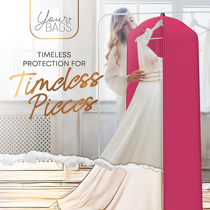 Your Bags Wedding Dress Garment Bag - Garment Bags for Travel & Hanging Clothes or Storage Preservation - 72" Wedding Dress Bag for Gowns Long with 20" Gusset for Puffy Bridal Gowns Cover - Fuchsia