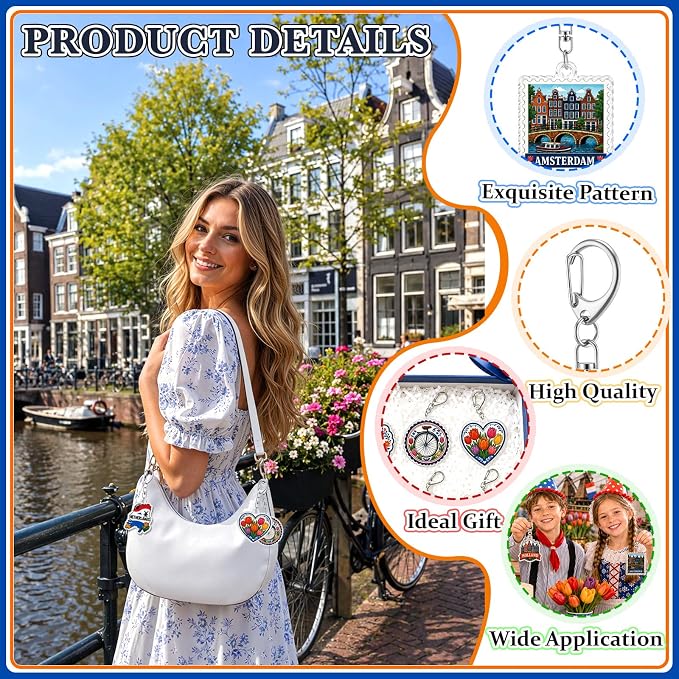 12Pcs Netherlands Keychain Souvenir Set Acrylic Holland Amsterdam Travel Key Ring Charms with Dutch Windmill Tulip Wooden Shoes Design Aesthetic Bag Pendant Party Favors Gift for Backpack Key Decor