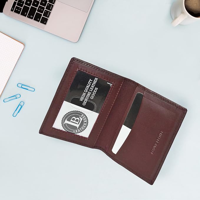 Leatherboss Slim Thin Leather Credit Card Id Mini Wallet Holder Bifold Driver's License Safe (Wine)