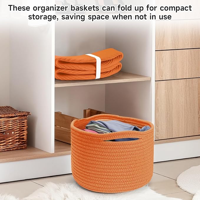 Small Rope Baskets for Storage, Baskets for Gifts Empty, Cute Round Woven Basket, Decorative Shelf Baskets 9.82×9.82×7.1", Cotton Toy Basket Storage Bins for Organizer 3 Packs-Orange