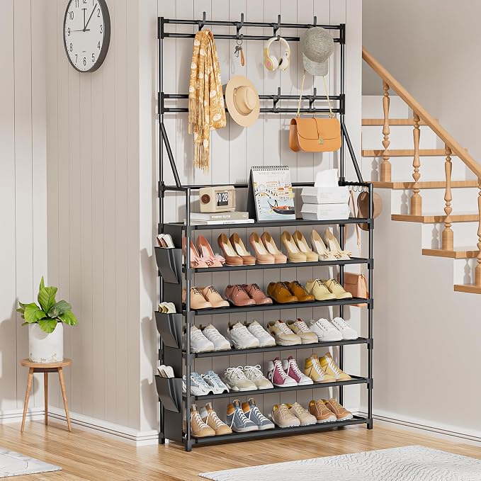 OYREL Shoe Rack 6 Tier Shoes Organizer 24-30 Pairs | Shoe Racks for Closet Front Door Entrance Large Capacity Space Saving Shoe Storage Organizer with Hooks and Side Pocket