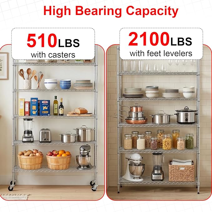 PayLessHere | 6-Tier Wire Shelf with Wheels | 45"x18"x82" | Chrome | Adjustable Racks | Heavy-Duty Storage Shelves, Holds Upto 510 lbs | Rust-Resistant, No-Tool Assembly | for Home, Garage Shelving