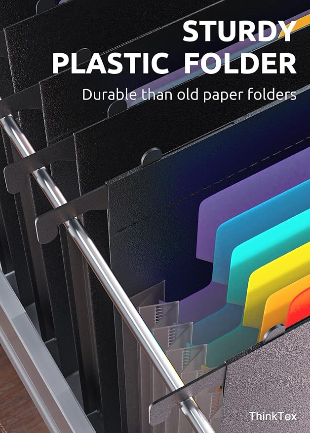 ThinkTex Plastic Expanding Hanging File Folders, 7 Innovative 1.2/'' Accordian Pockets, Large Capacity, Multi-Color Tabs, Letter Size for Filing Cabinet - Black-6 pack