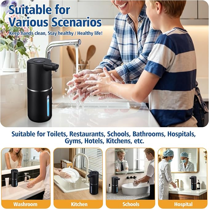 Automatic Liquid Soap Dispenser Touchless | USB Rechargeable Smart Hand Soap Dispenser, 4-Level Adjustable, 12oz Wall Mounted for Bathroom Kitchen(Black, Liquid)