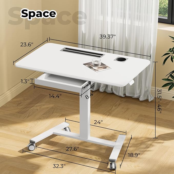 40"×24" Mobile Standing Desk with Drawer, Cup Holder & Hooks | Height Adjustable Portable Desk on Wheels, Small Computer Desk, Rolling Laptop Cart for Home Office, Classroom, White