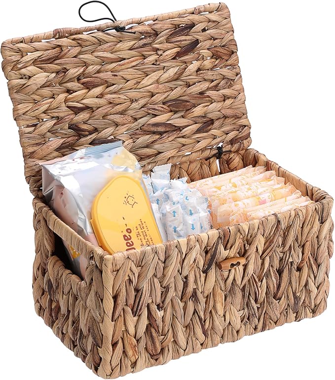 Sumnacon Storage Basket with Lid, Water Hyacinth Shelf Baskets for Organizing, Farmhouse Bathroom Woven Bins for Tampons and Pads, Toilet Paper, Towels,Decorative Organizer Box for Counter, Vanity (M)