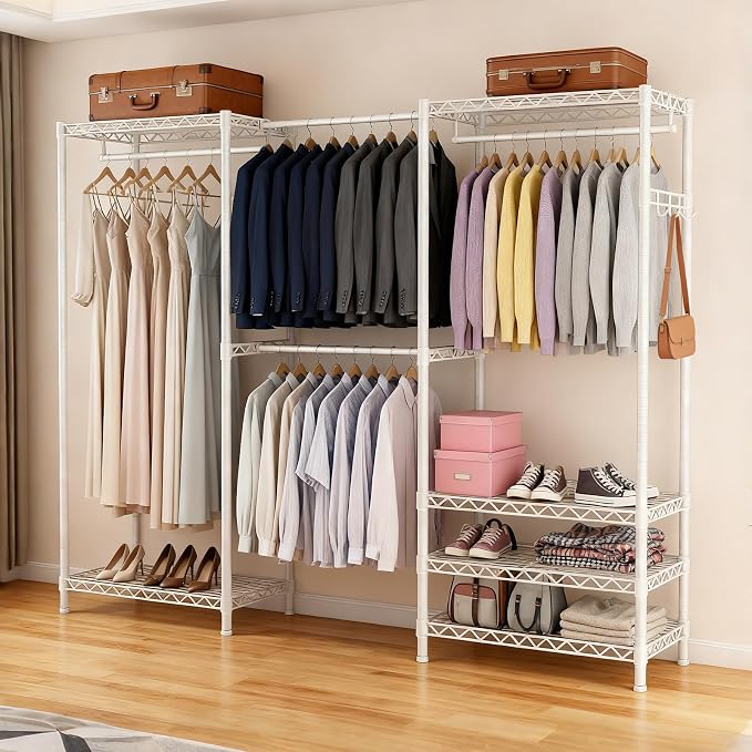 Heavy Duty Clothing Rack with Adjustable Shelves Clothes Wardrobe | Coat Rack Metal Closet Organizer and Storage Garment Rack for Hanging Clothes Wire Portable Cloth System Free Standing White