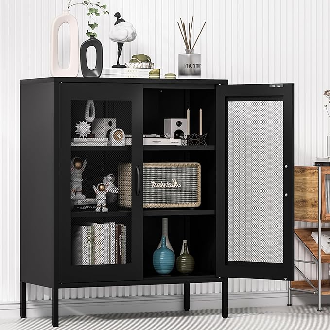 Ustamio Black Metal Storage Cabinet with Mesh Doors, Small Office Storage Locker with 2 Adjustable Shelves, Accent Metal Locker Cabinet for Home, Office, Living Room, Hallway