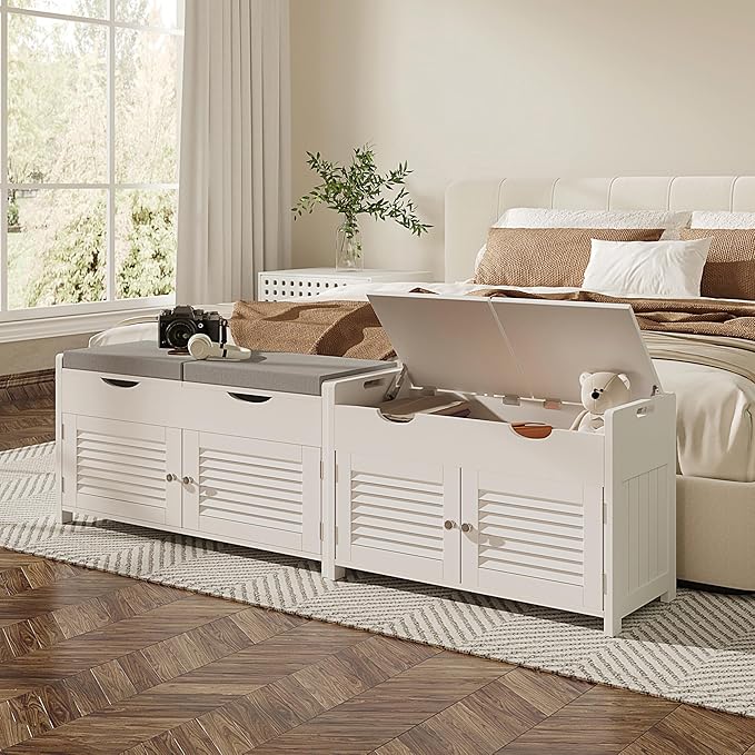 ChooChoo Shoe Storage Bench with Lift Top Storage & Cushioned Seats | 29.5" Entryway Bench with 3 Compartments & Adjustable Shelf, for Entryway, White