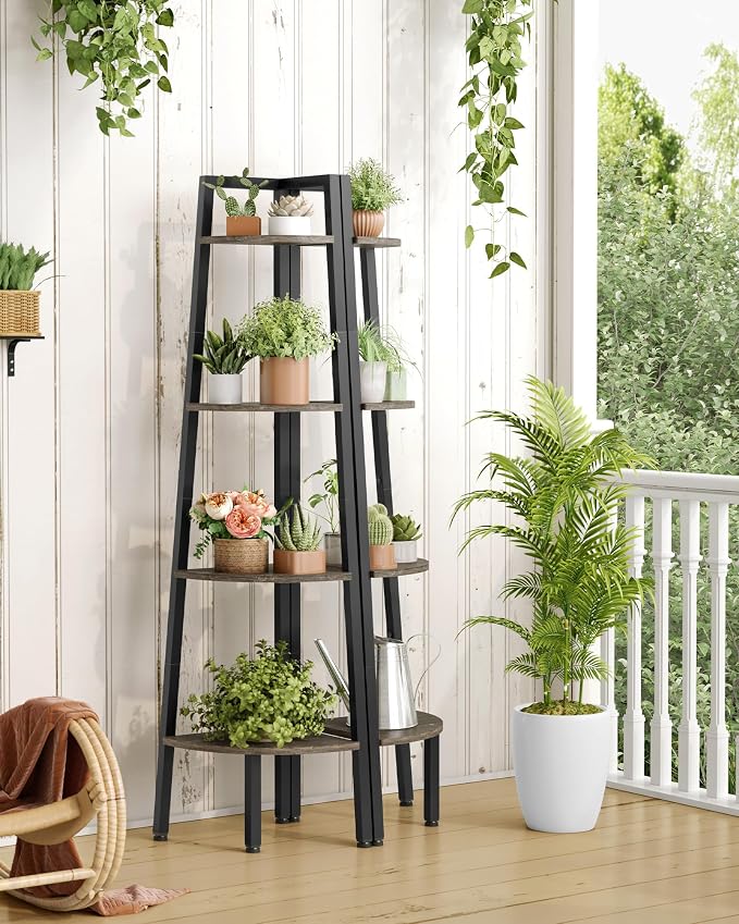 Hoctieon Corner Shelf, 4-Tier Corner Bookshelf, Rustic Ladder Shelf, Industrial Display Stand for Living Room, Kitchen, Home Office, Balcony, Small Space, Metal Frame, Grey