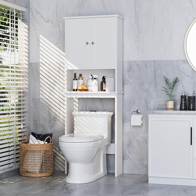 Over the Toilet Storage Cabinet, Bathroom Storage Organizer Over Toilet, Space Saver W/Adjustable Shelf & Open Shelf, White